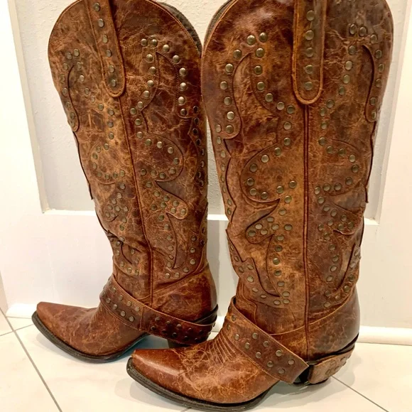 Studded Brown Heeled Boots - Picture 5 of 8